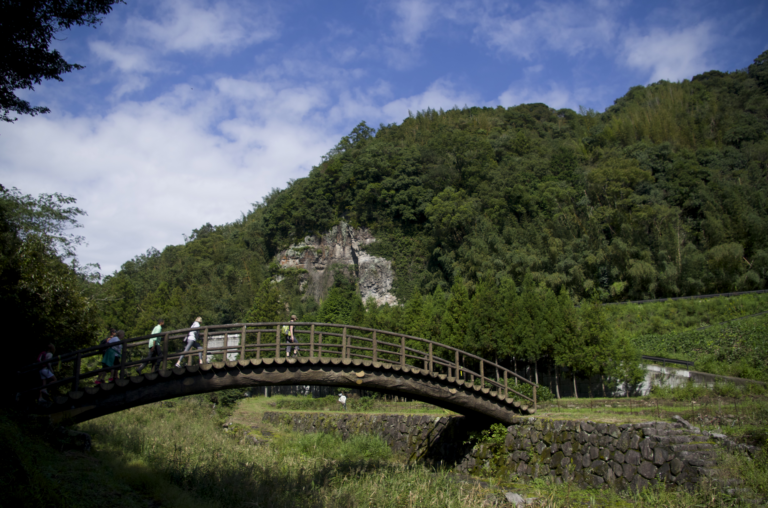 People walking across a bridge.